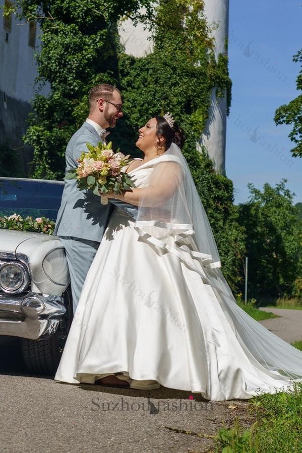 Plus Size Wedding Dresses V Neck A Line Satin Bridal Gowns
