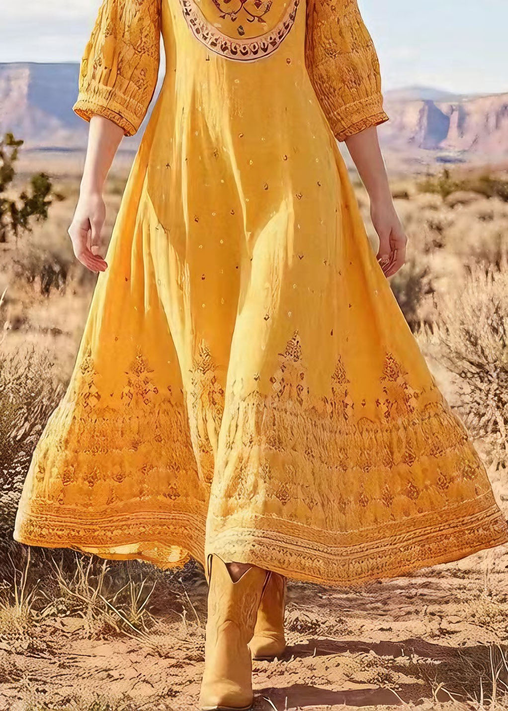 Plus Size Yellow O Neck Print Cotton Long Dress Summer