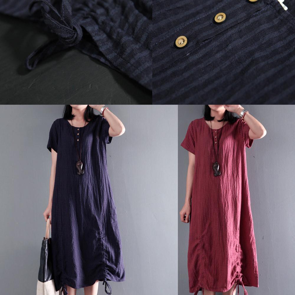 Plus size burgundy linen long sundress causal summer linen dresses drawstring at the hem