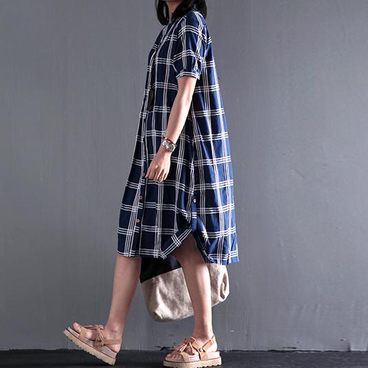 Plus size cotton sundress plaid summer shift dresses long blouse short sleeve