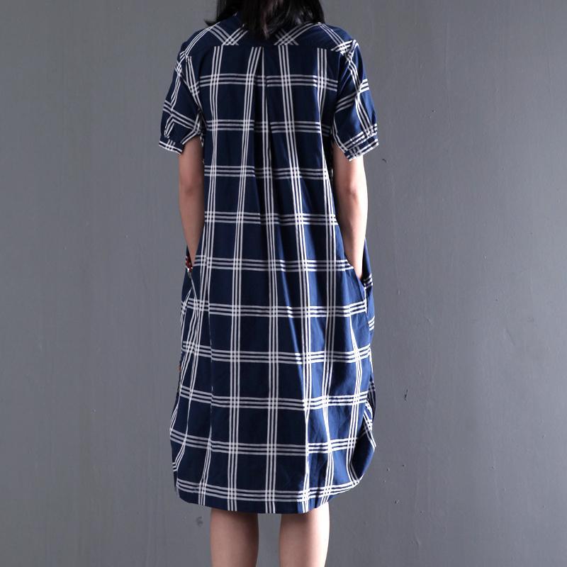 Plus size cotton sundress plaid summer shift dresses long blouse short sleeve