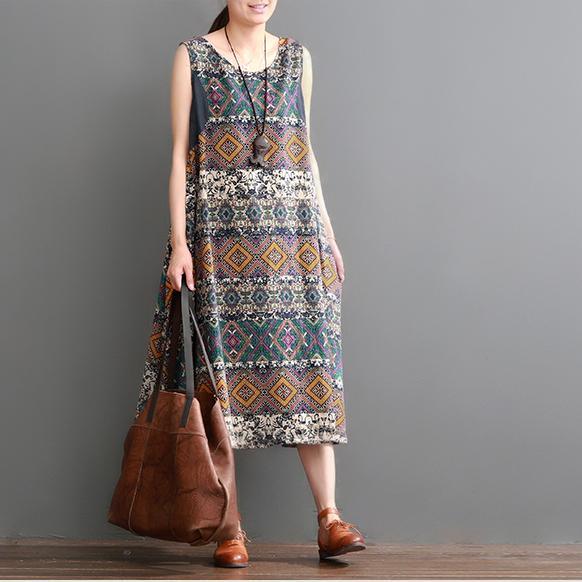 Plus size summer linen dress floral print sleeveless sundress maxi dresses