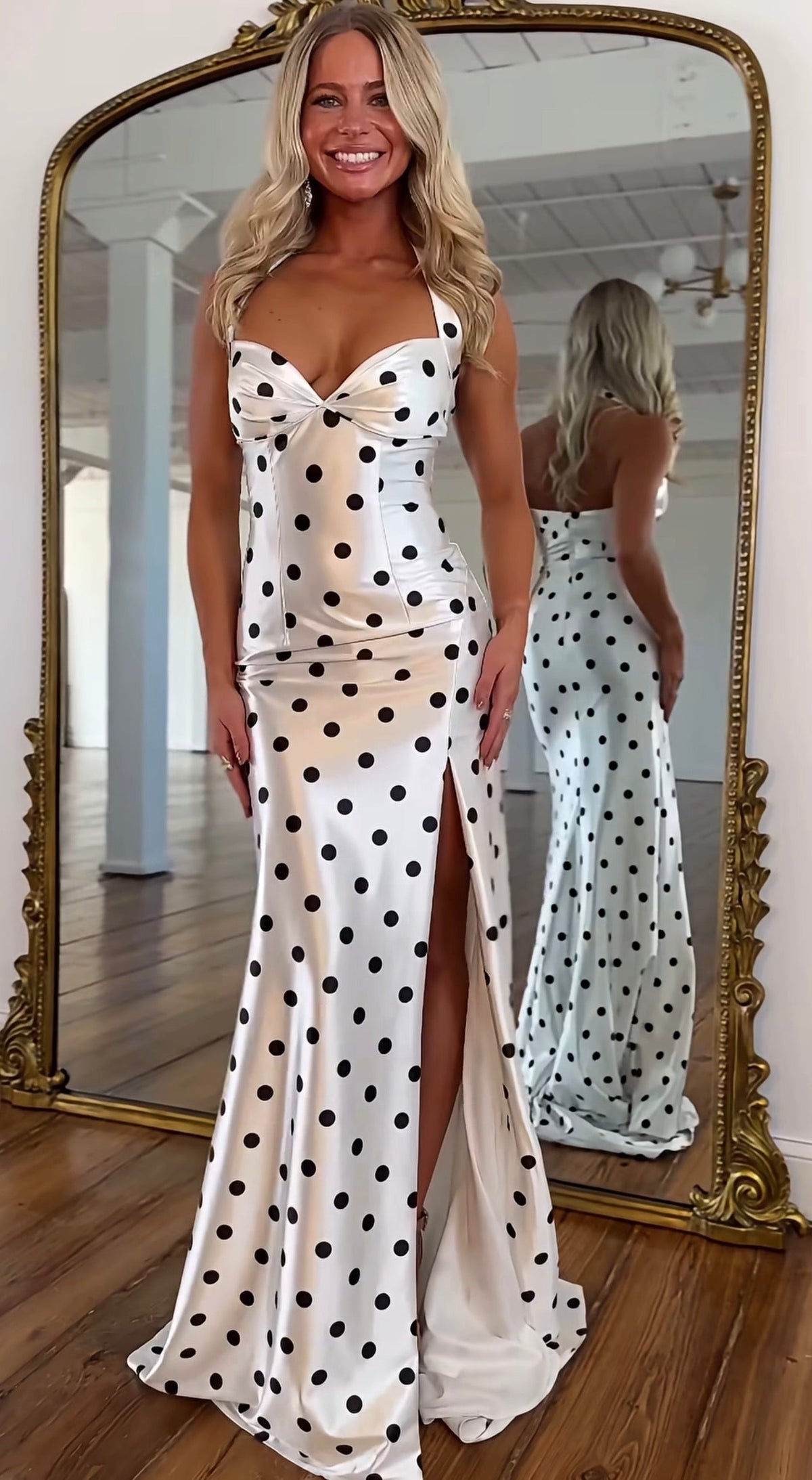 Polka Dots Satin Mermaid Prom Dress With Slit Formal Evening Dress