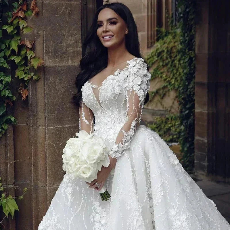 Pretty Gorgeous Long Sleeved Fluffy Beautiful High Fork Wedding Dresses Bridal V-Neck Appliques Bride Gown Beach Custom Made (ZD14258)