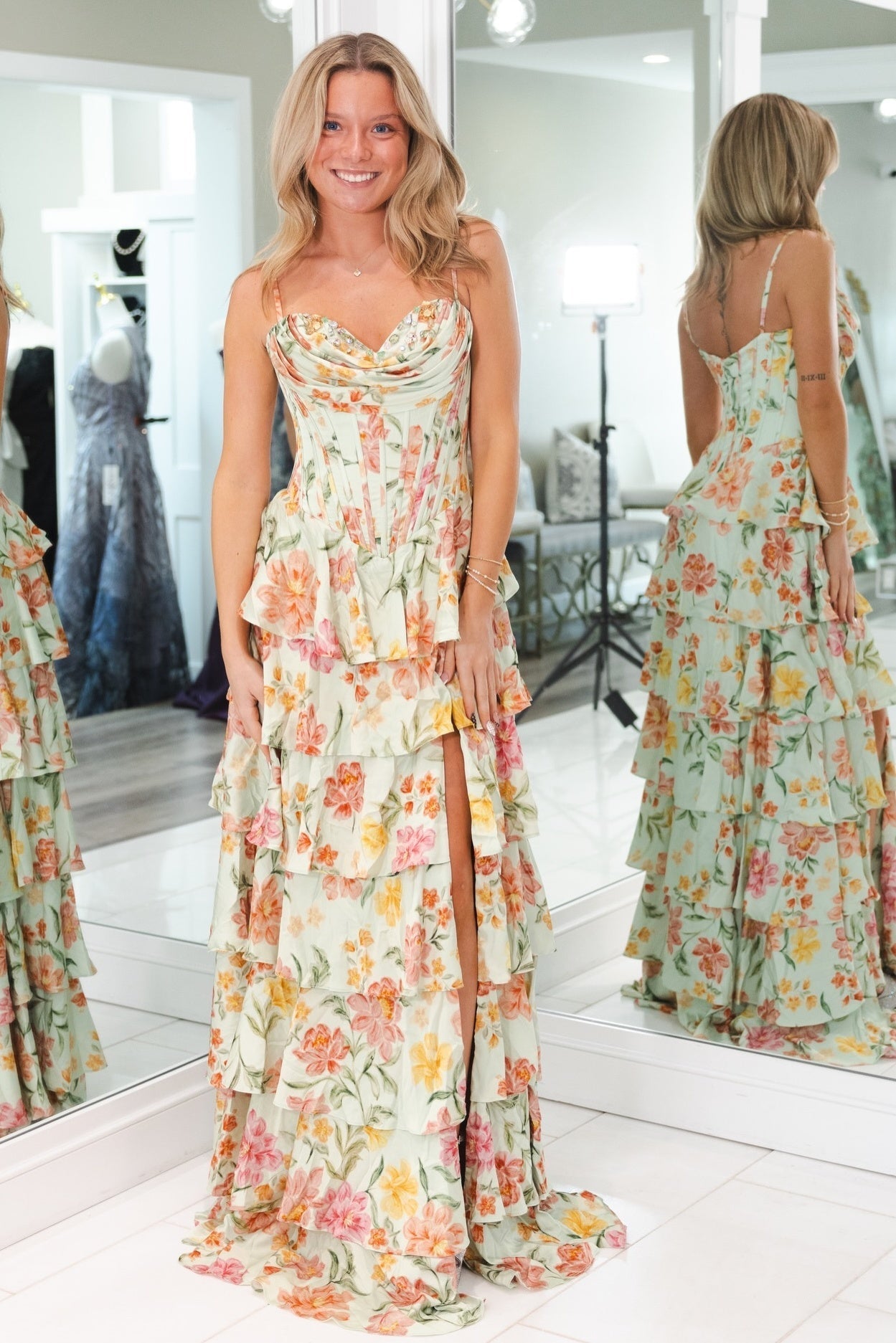Pretty A Line Spaghetti Straps Light Green Floral Printed Corset Prom Dress with Ruffles
