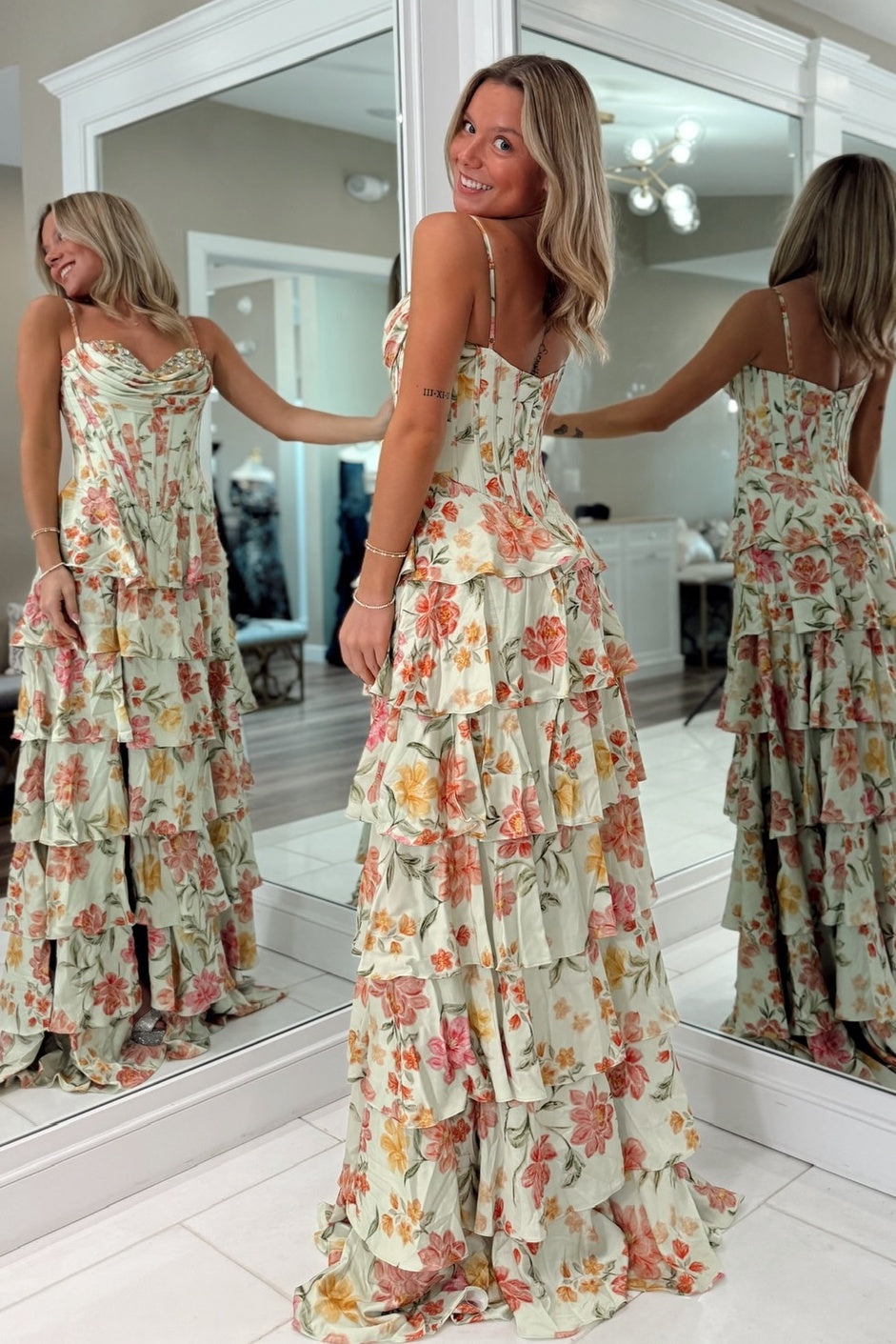 Pretty A Line Spaghetti Straps Light Green Floral Printed Corset Prom Dress with Ruffles