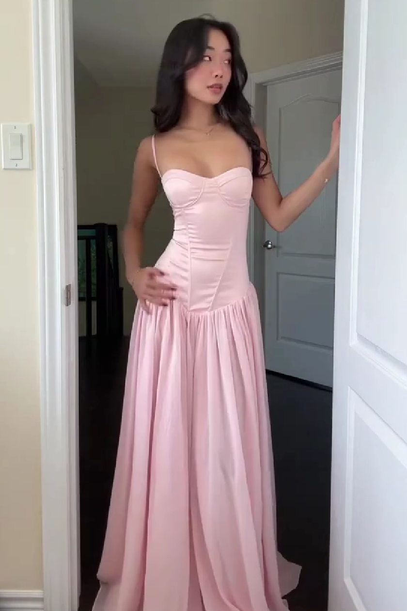 Cute A Line Spaghetti Straps Light Pink Long Prom Dress with Ruffles