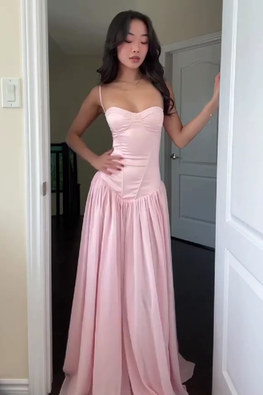 Cute A Line Spaghetti Straps Light Pink Long Prom Dress with Ruffles