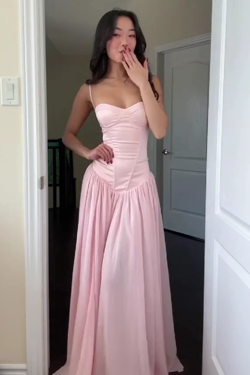 Cute A Line Spaghetti Straps Light Pink Long Prom Dress with Ruffles