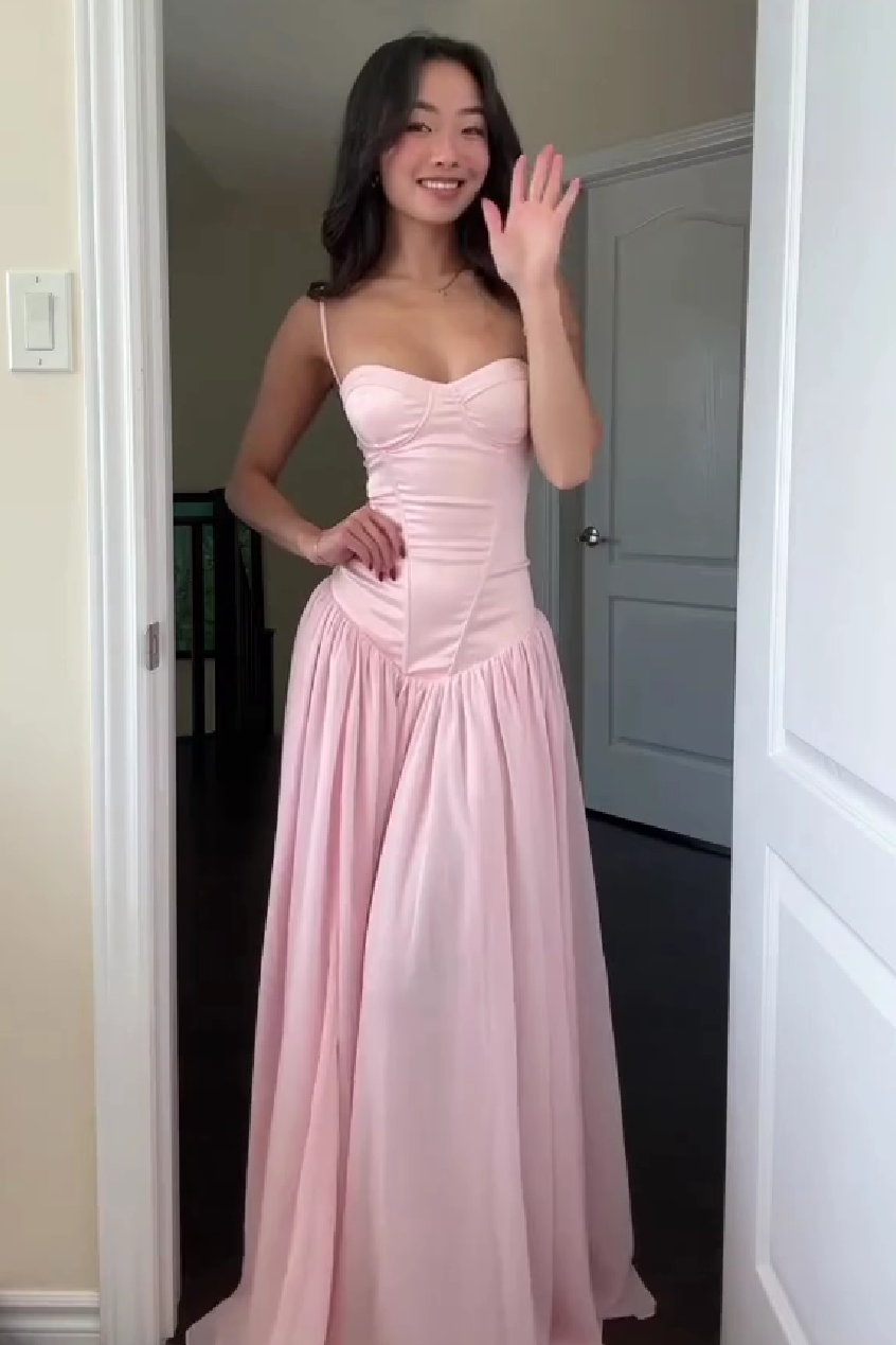 Cute A Line Spaghetti Straps Light Pink Long Prom Dress with Ruffles