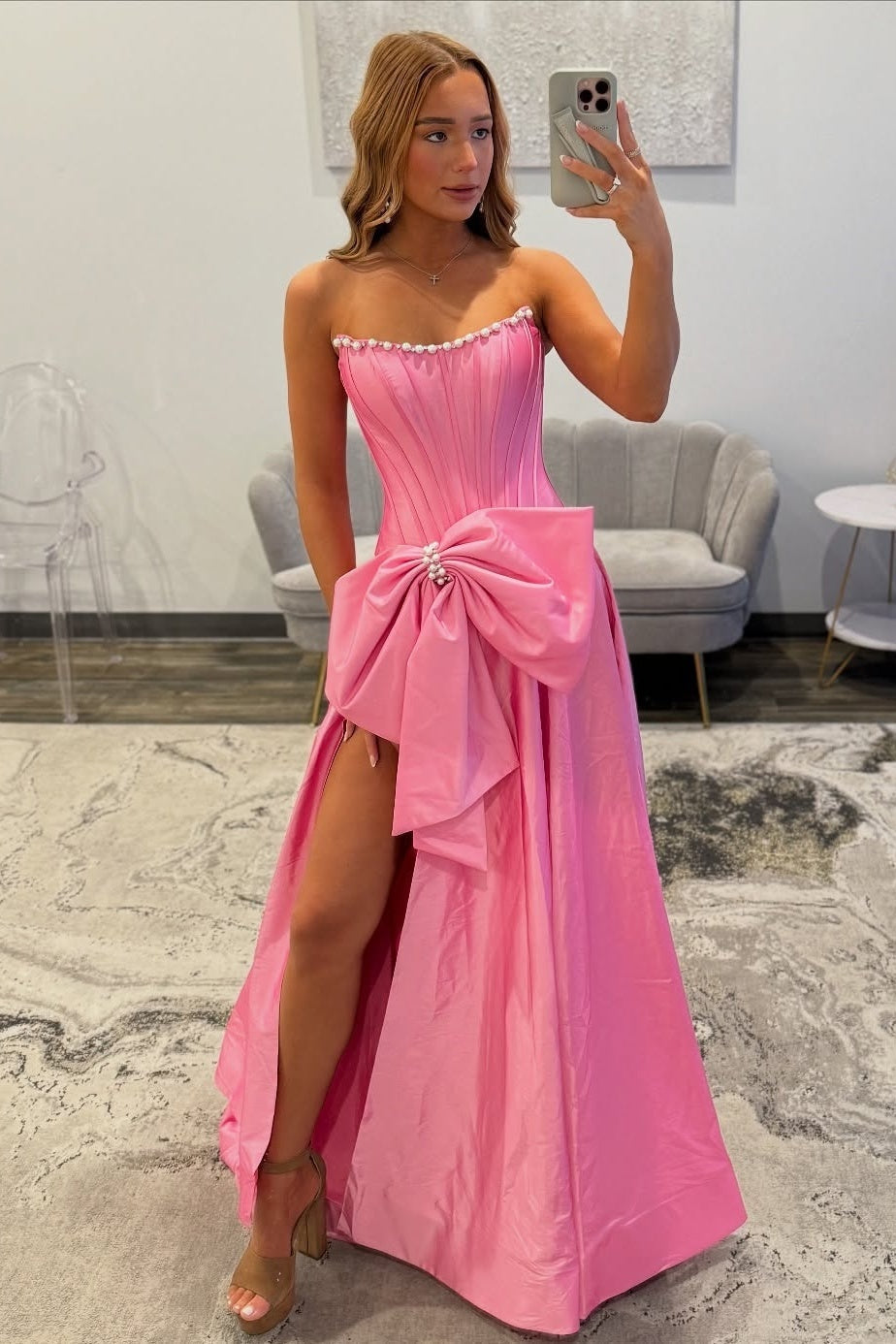Pretty A Line Strapless Pink Corset Prom Dress with Bowknot Pearls