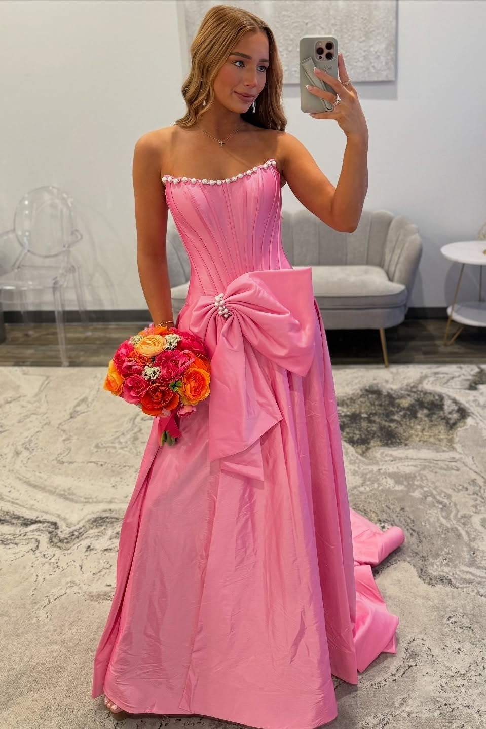 Pretty A Line Strapless Pink Corset Prom Dress with Bowknot Pearls