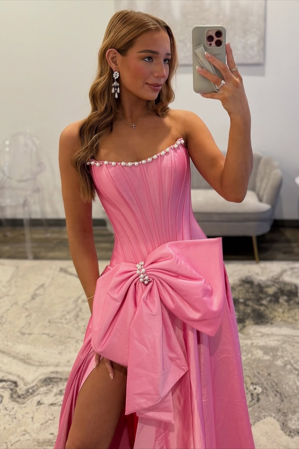 Pretty A Line Strapless Pink Corset Prom Dress with Bowknot Pearls