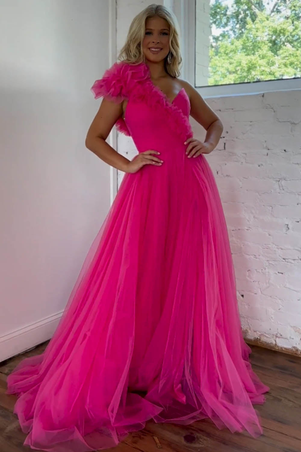Hot Pink A-Line One-Shoulder Long Tulle Prom Dress With Split