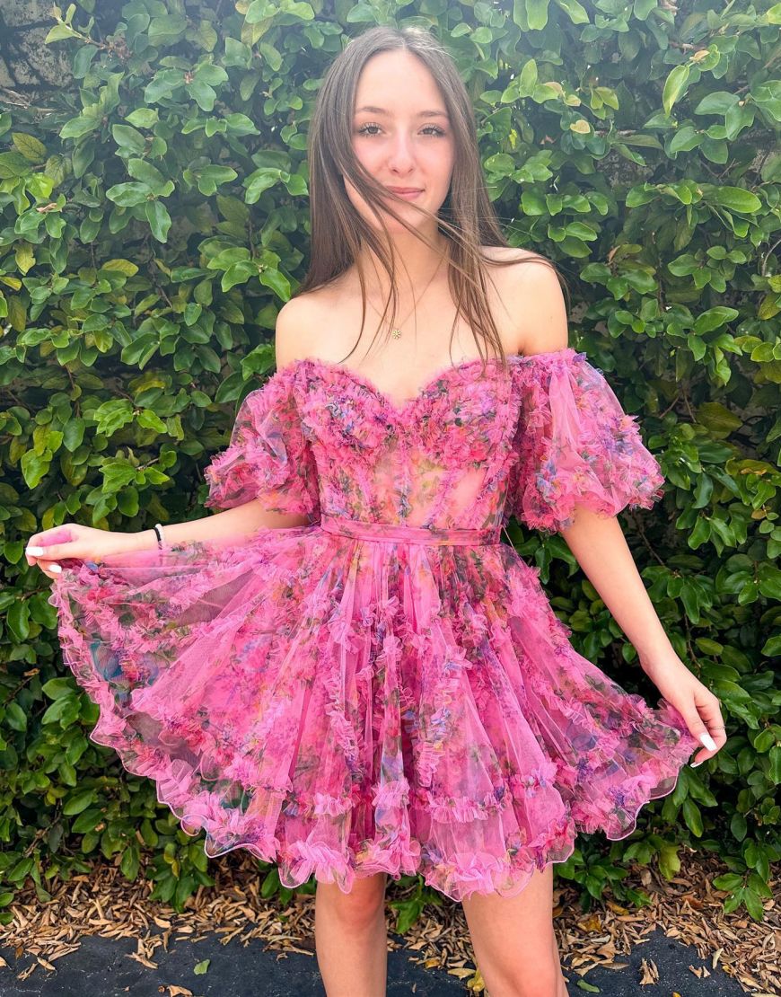 Pretty Fuchsia Puff Sleeves A-Line Short Party Dress