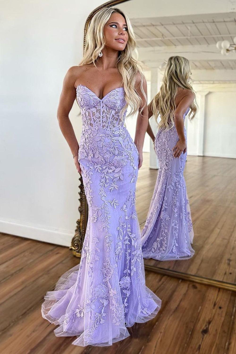 Pretty Lilac Mermaid Sweetheart Lace Up Long Tulle Prom Dress with Appliques - FashionDia