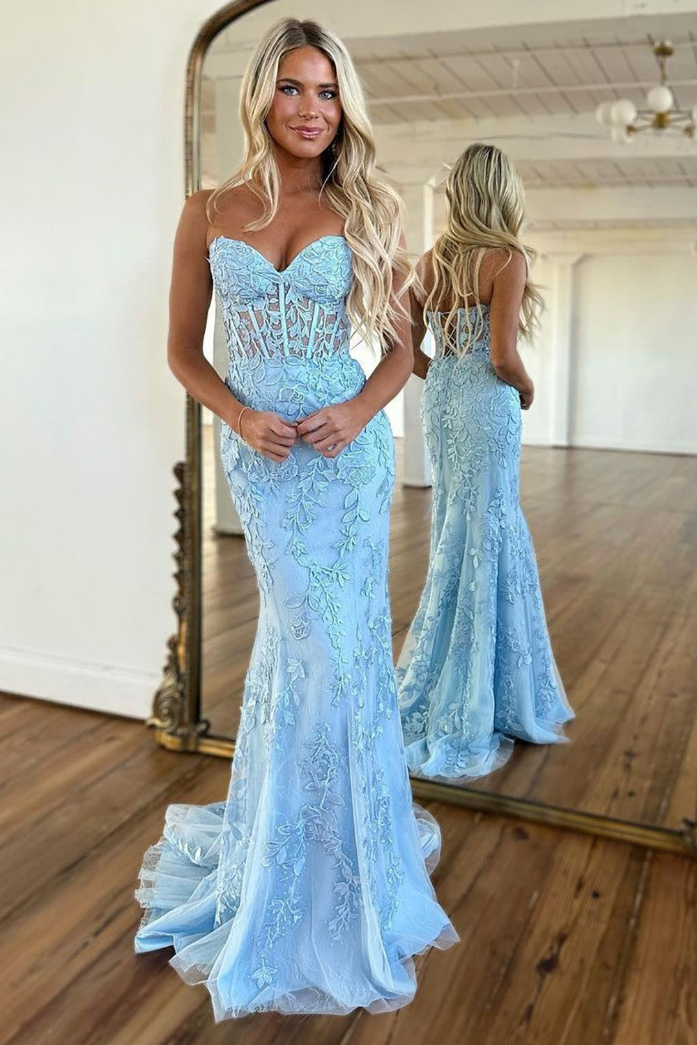 Pretty Lilac Mermaid Sweetheart Lace Up Long Tulle Prom Dress with Appliques - View 6 | FashionDia