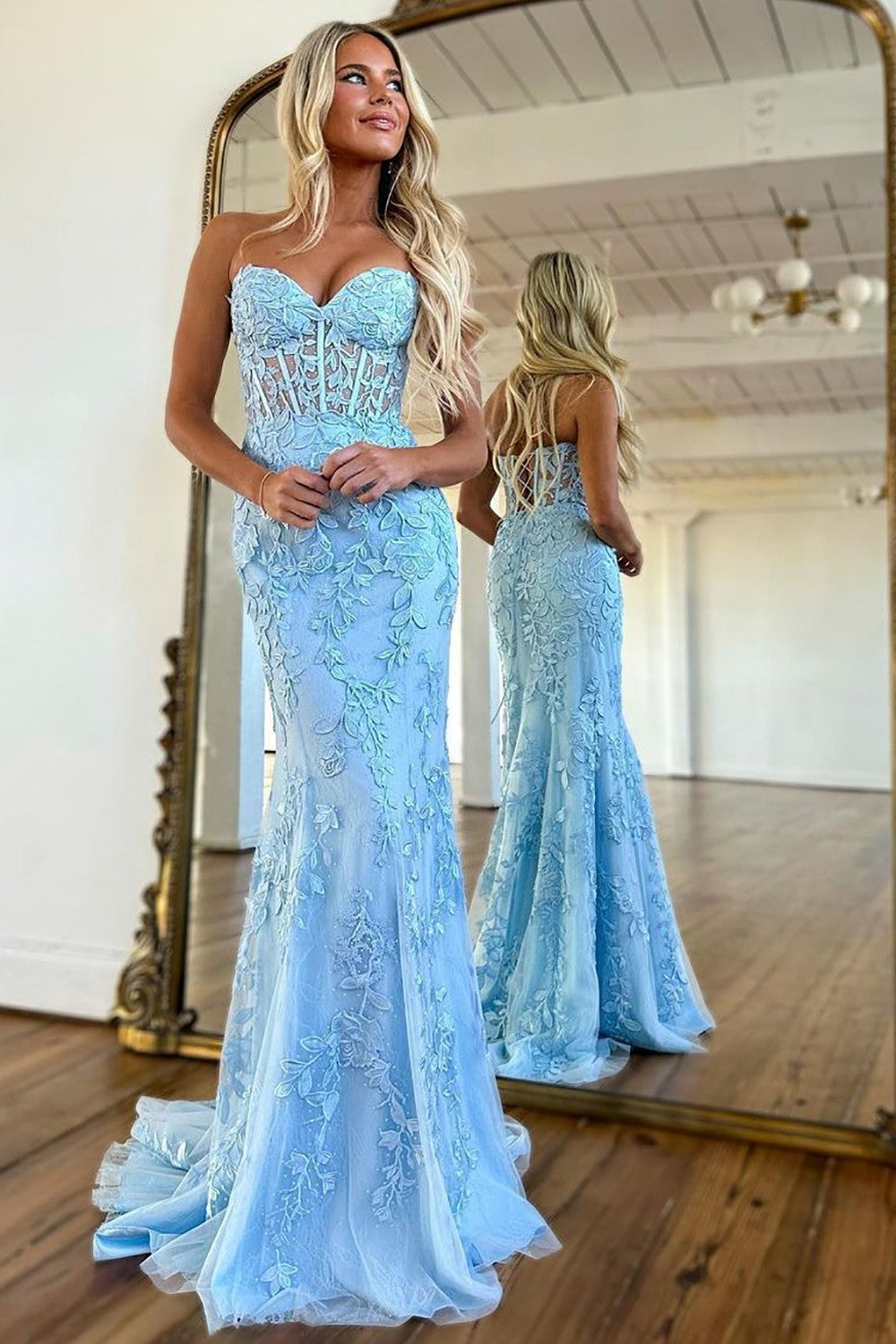 Pretty Lilac Mermaid Sweetheart Lace Up Long Tulle Prom Dress with Appliques - View 9 | FashionDia