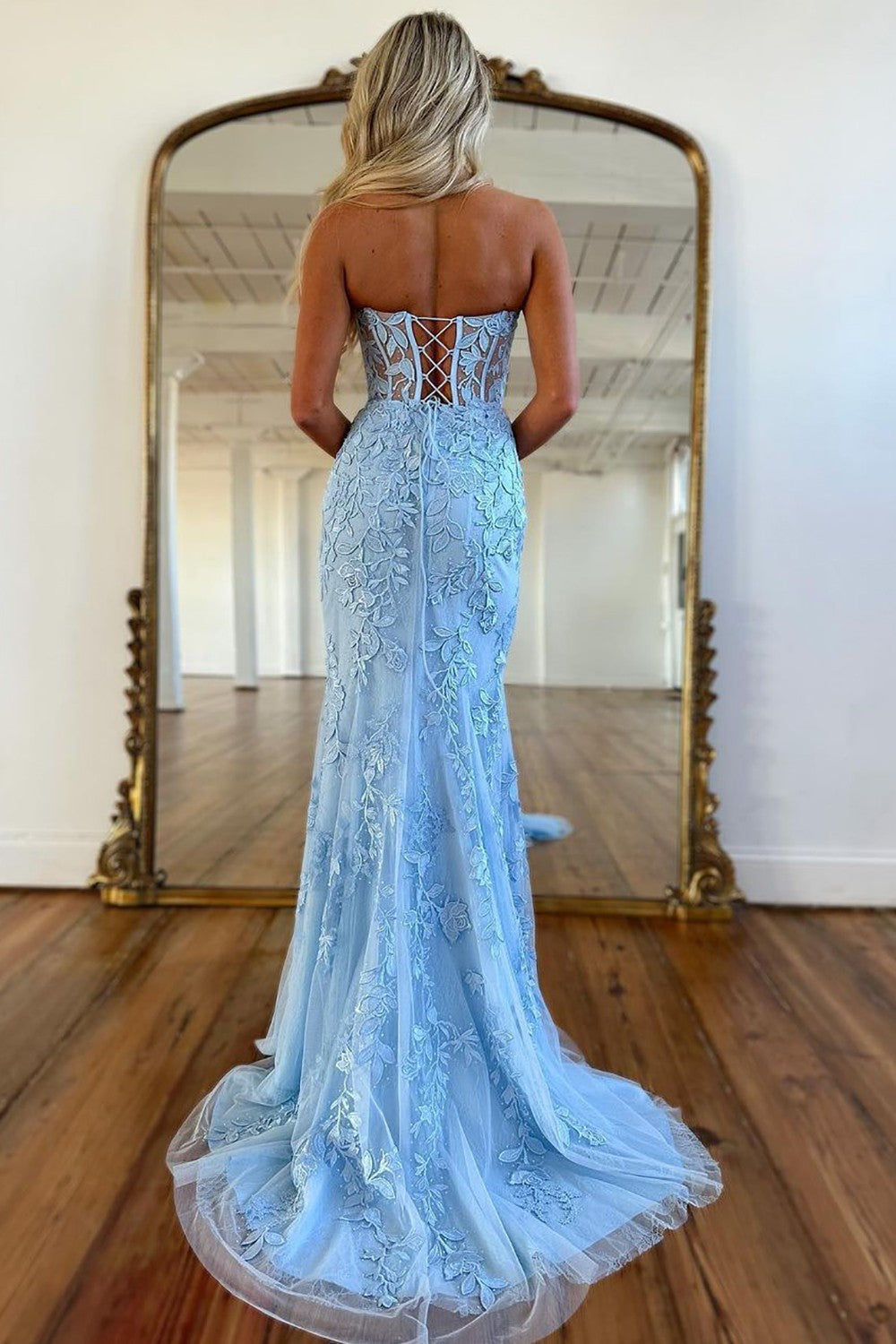 Pretty Lilac Mermaid Sweetheart Lace Up Long Tulle Prom Dress with Appliques - View 7 | FashionDia