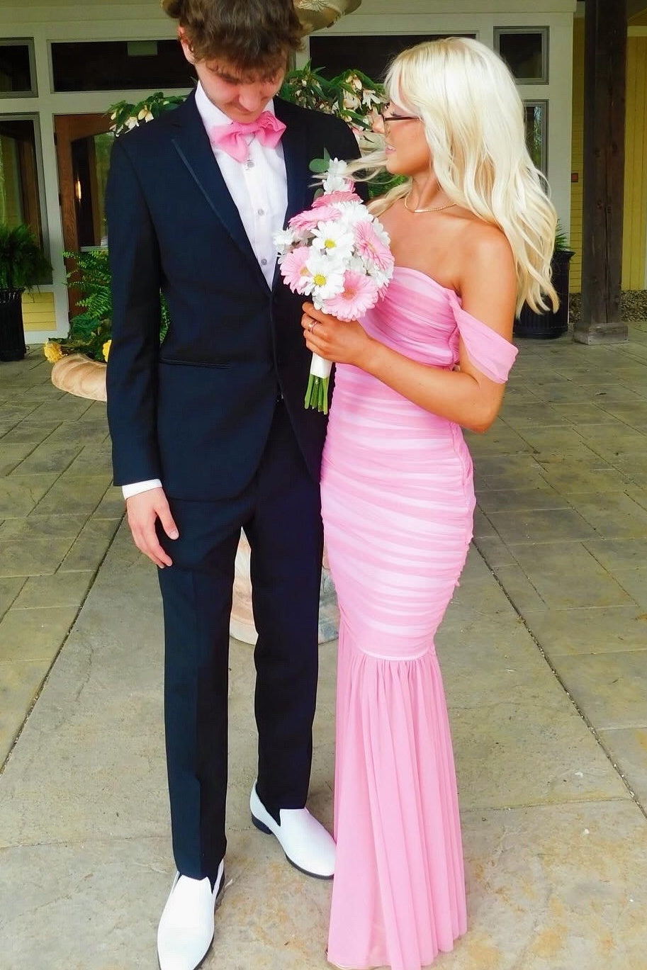 Pretty Mermaid Off the Shoulder Pink Long Prom Dress with Ruched