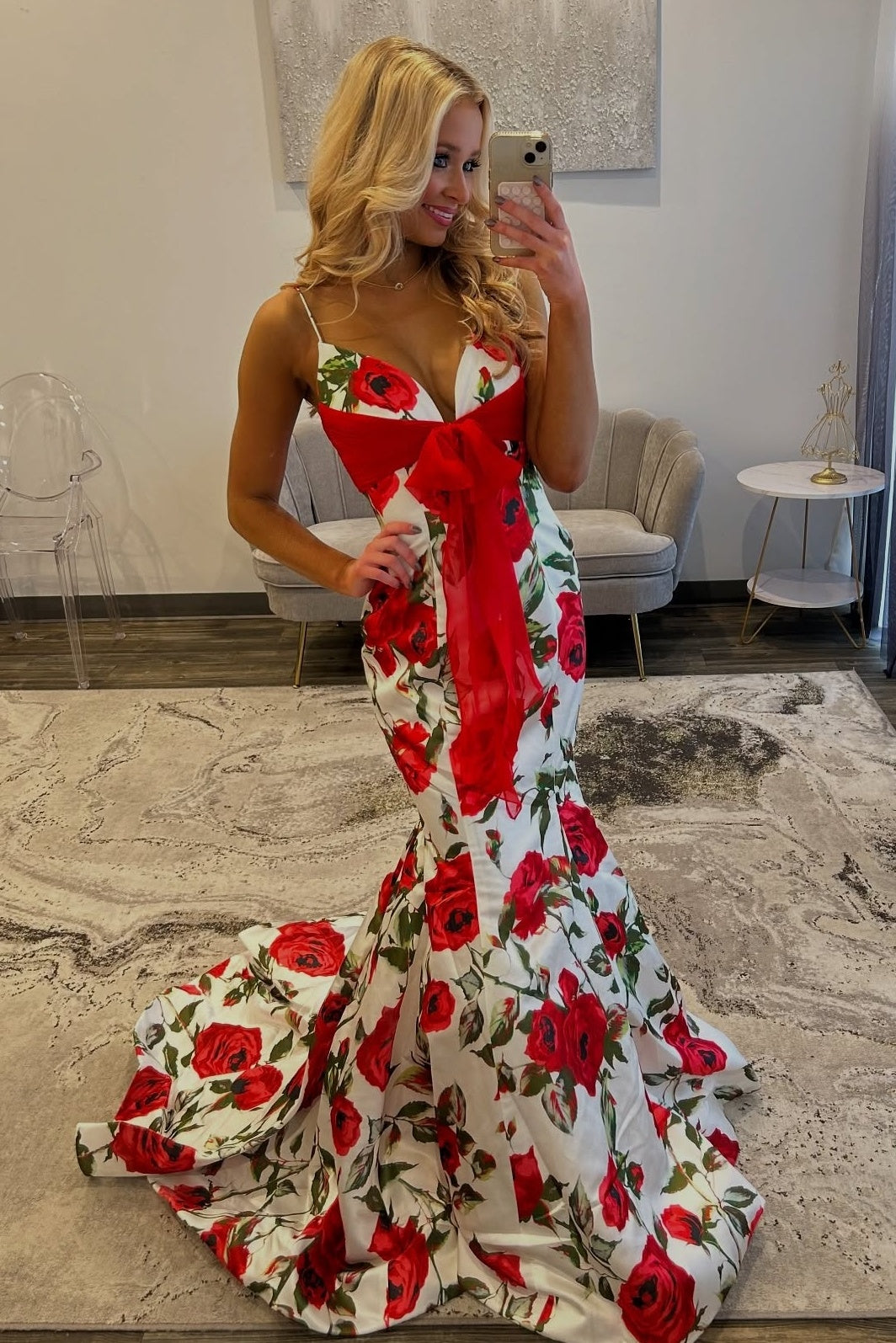 Sweety Mermaid Spaghetti Straps Pink Floral Printed Long Prom Dress with Bowknot - View 5 | FashionDia
