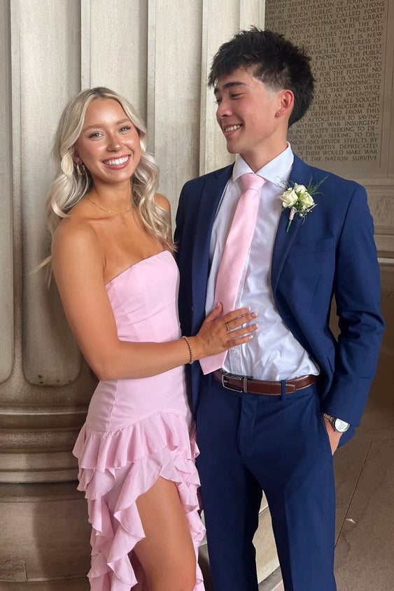 Pretty Sheath Strapless Pink Long Party Dress with Ruffles Split Front