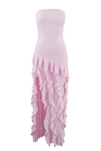 Pretty Sheath Strapless Pink Long Party Dress with Ruffles Split Front