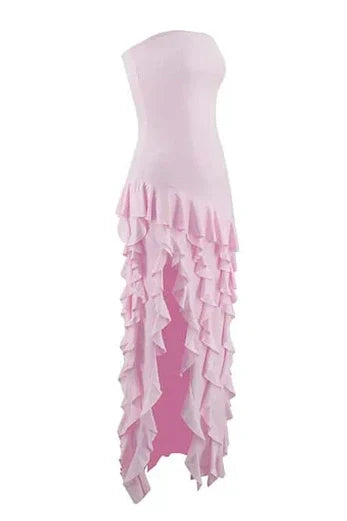 Pretty Sheath Strapless Pink Long Party Dress with Ruffles Split Front