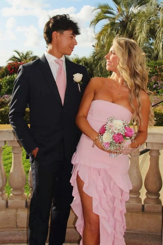 Pretty Sheath Strapless Pink Long Party Dress with Ruffles Split Front