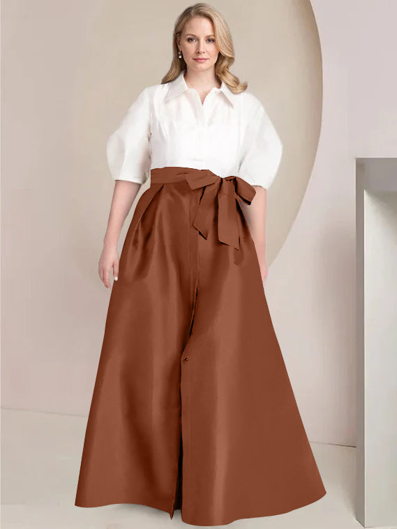 A Line Shirt Collar Long Plus Size Mother of the Bride 2 Piece Dress with Bowknot