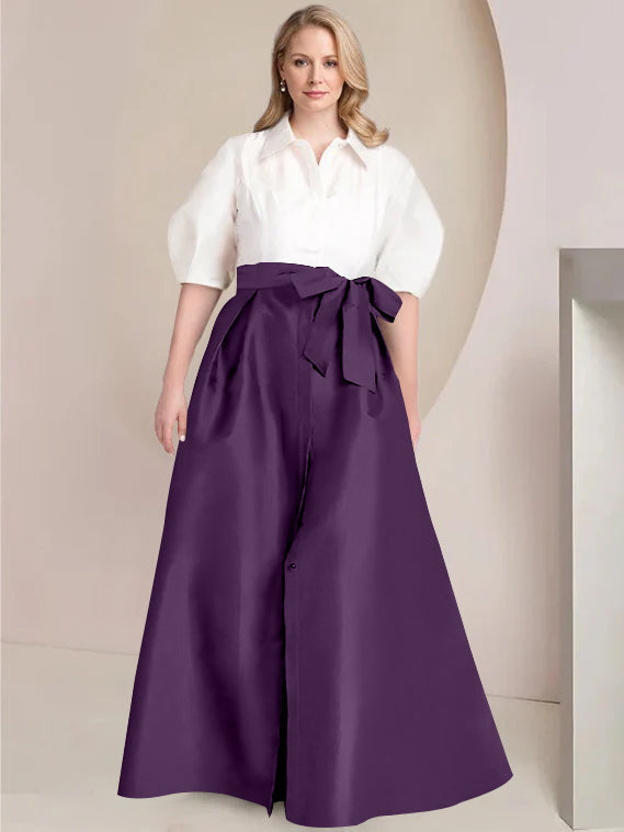 A Line Shirt Collar Long Plus Size Mother of the Bride 2 Piece Dress with Bowknot