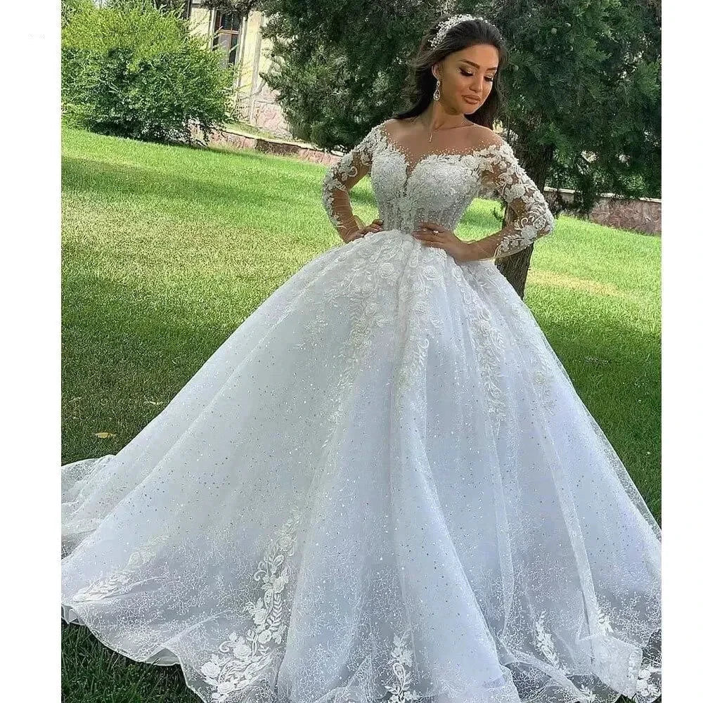 Princess Ball Gown Wedding Dresses 2023 O Neck Long Sleeves Vestido Casamento Lace Up Appliqus Beaded Bride Gowns Suknie Slubne by payinti
