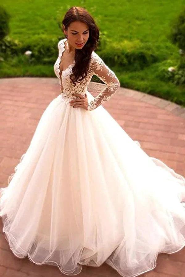 Princess A-Line V-Neck Tulle Ivory Long Sleeves Wedding Dresses (ZD16051)