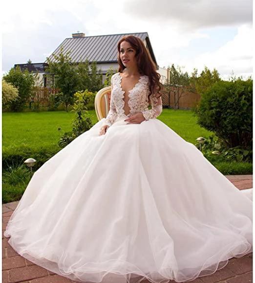 Princess A-Line V-Neck Tulle Ivory Long Sleeves Wedding Dresses (ZD16051)