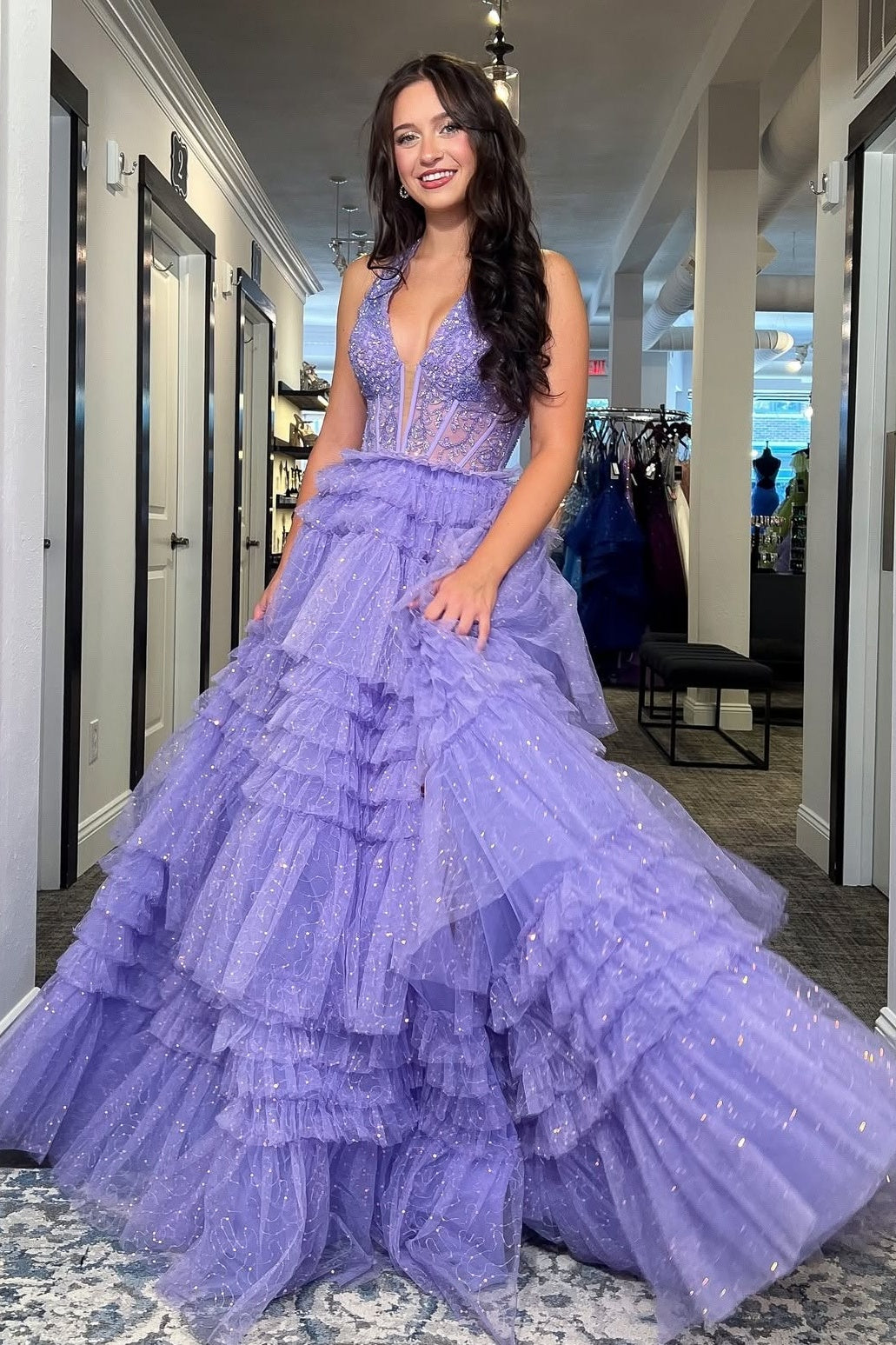 Princess A Line Halter Neck Lilac Corset Prom Dress with Ruffles