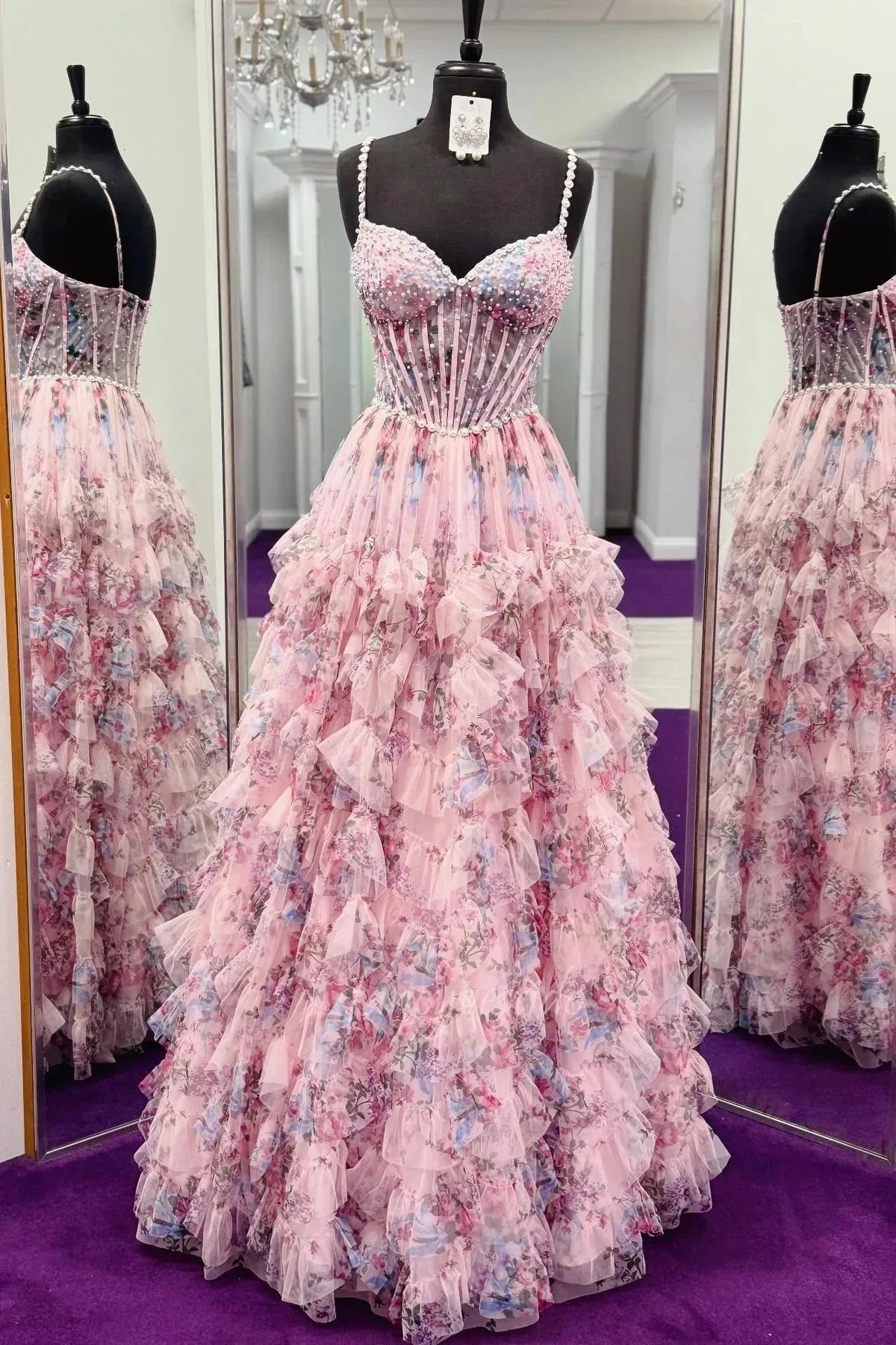 Princess A Line Spaghetti Straps Pink Corset Prom Dress with Pearls
