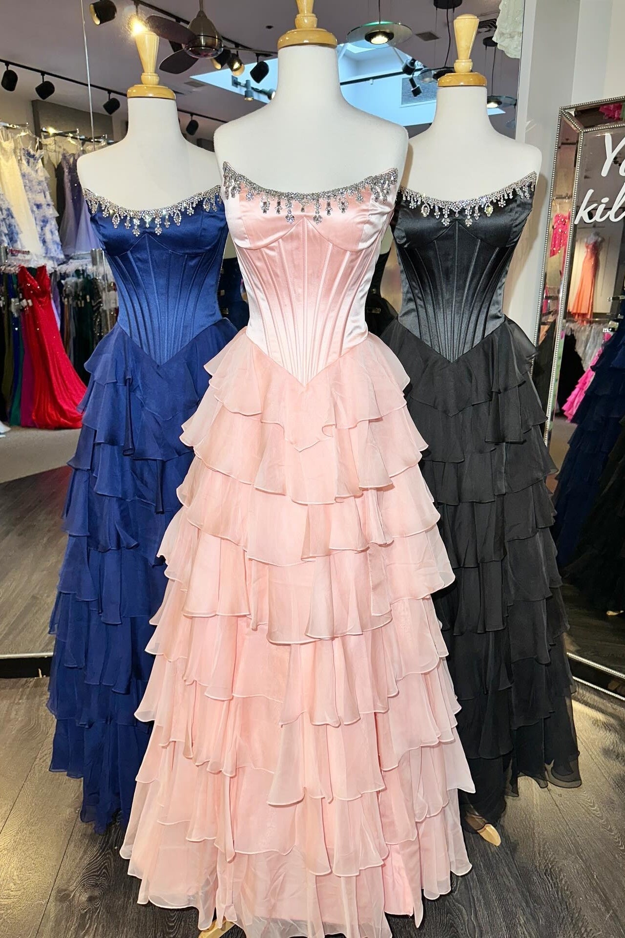 Princess A Line Strapless Hot Pink Corset Prom Dress with Beading Ruffles