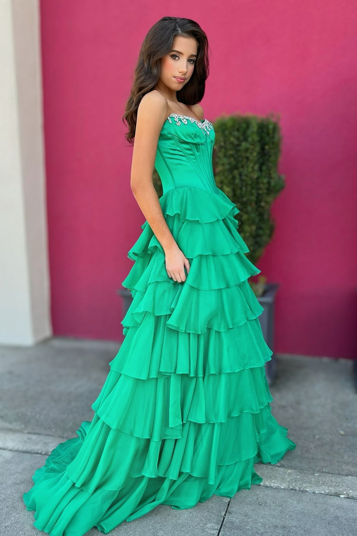 Princess A Line Strapless Hot Pink Corset Prom Dress with Beading Ruffles