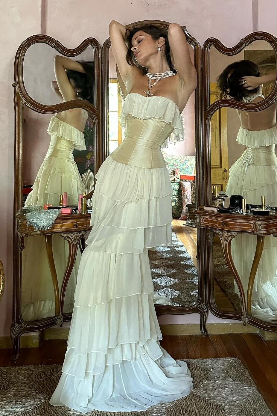 Princess A Line Sweetheart Ivory Corset Party Dress with Ruffles Criss Cross Back