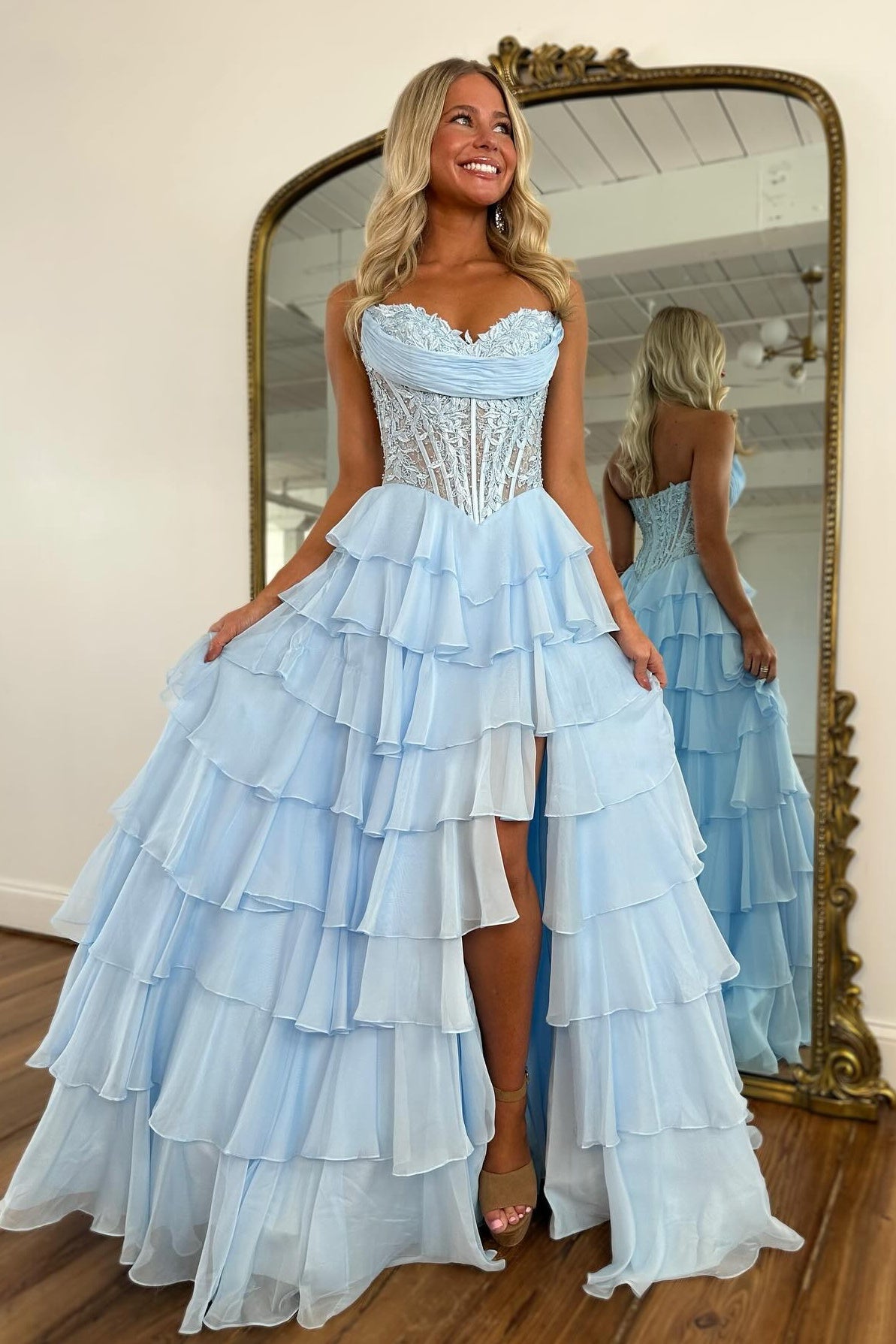Princess A Line Sweetheart Pink Corset Prom Dress with Appliques Ruffles