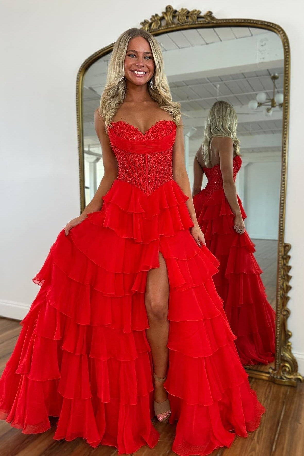 Princess A Line Sweetheart Pink Corset Prom Dress with Appliques Ruffles