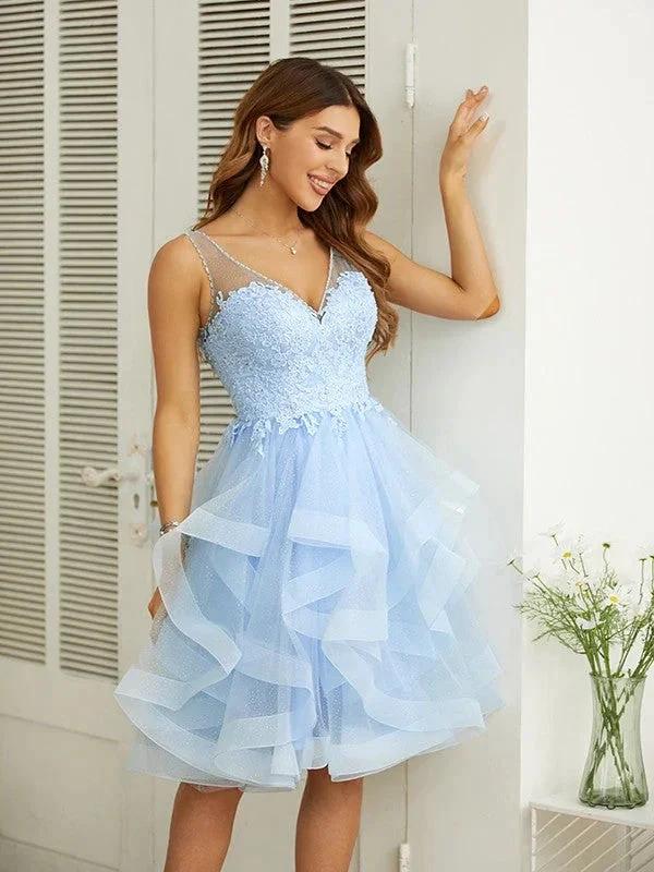 Applique V-neck Knee-Length Dresses SYH58 by vivymakudress