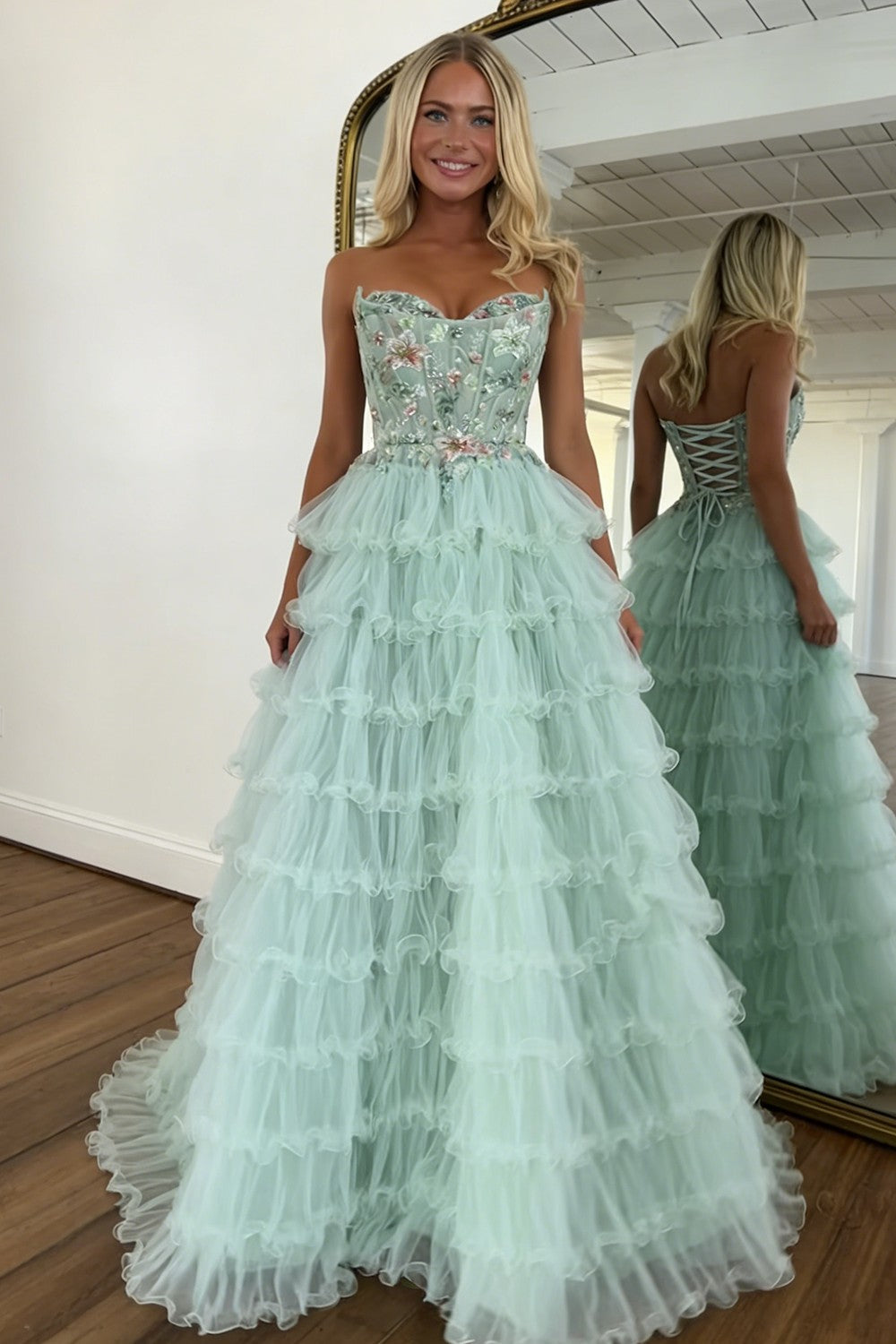 Stunning A Line Sweetheart Mint Green Tiered Tulle Corset Prom Dress with Floral