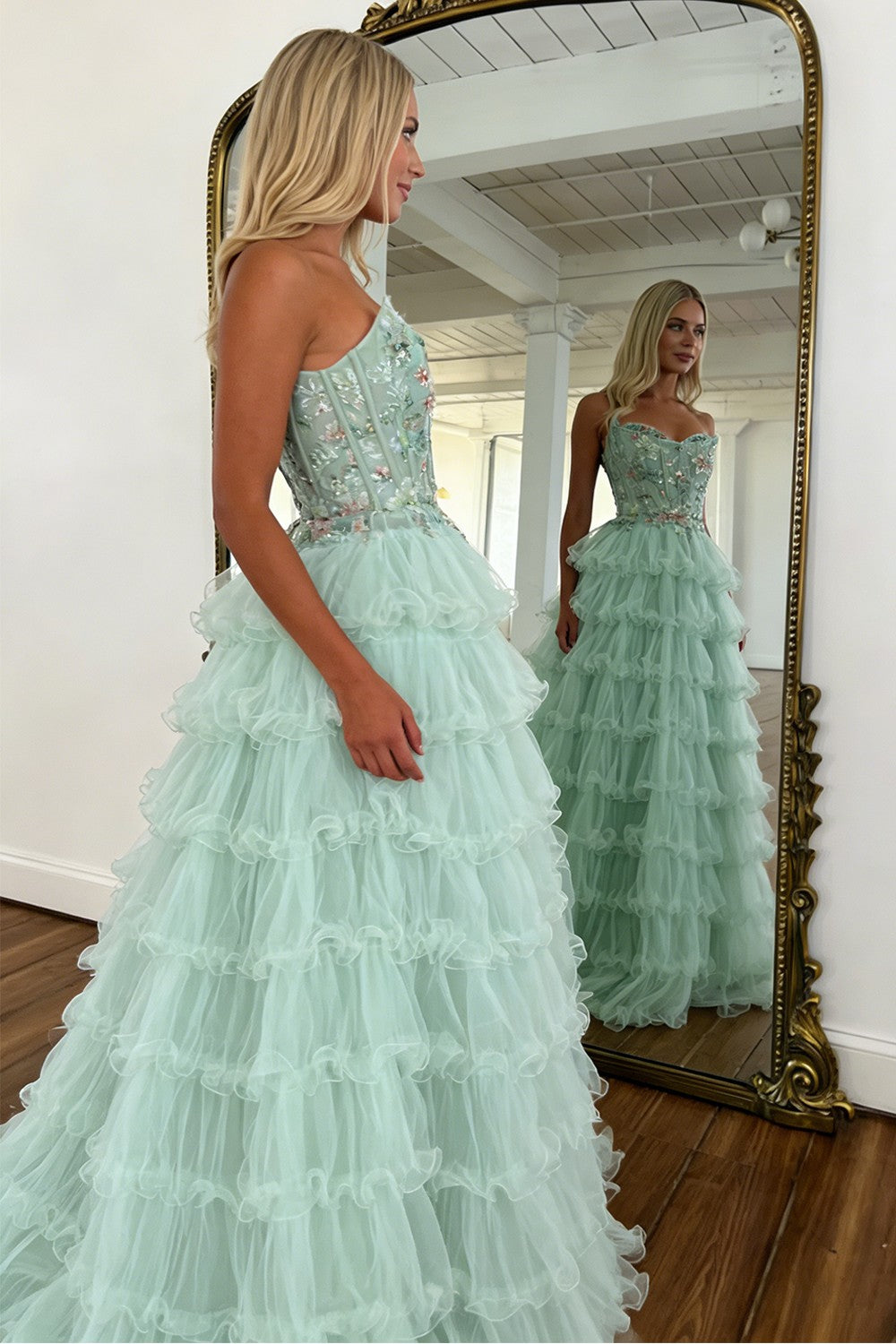 Stunning A Line Sweetheart Mint Green Tiered Tulle Corset Prom Dress with Floral