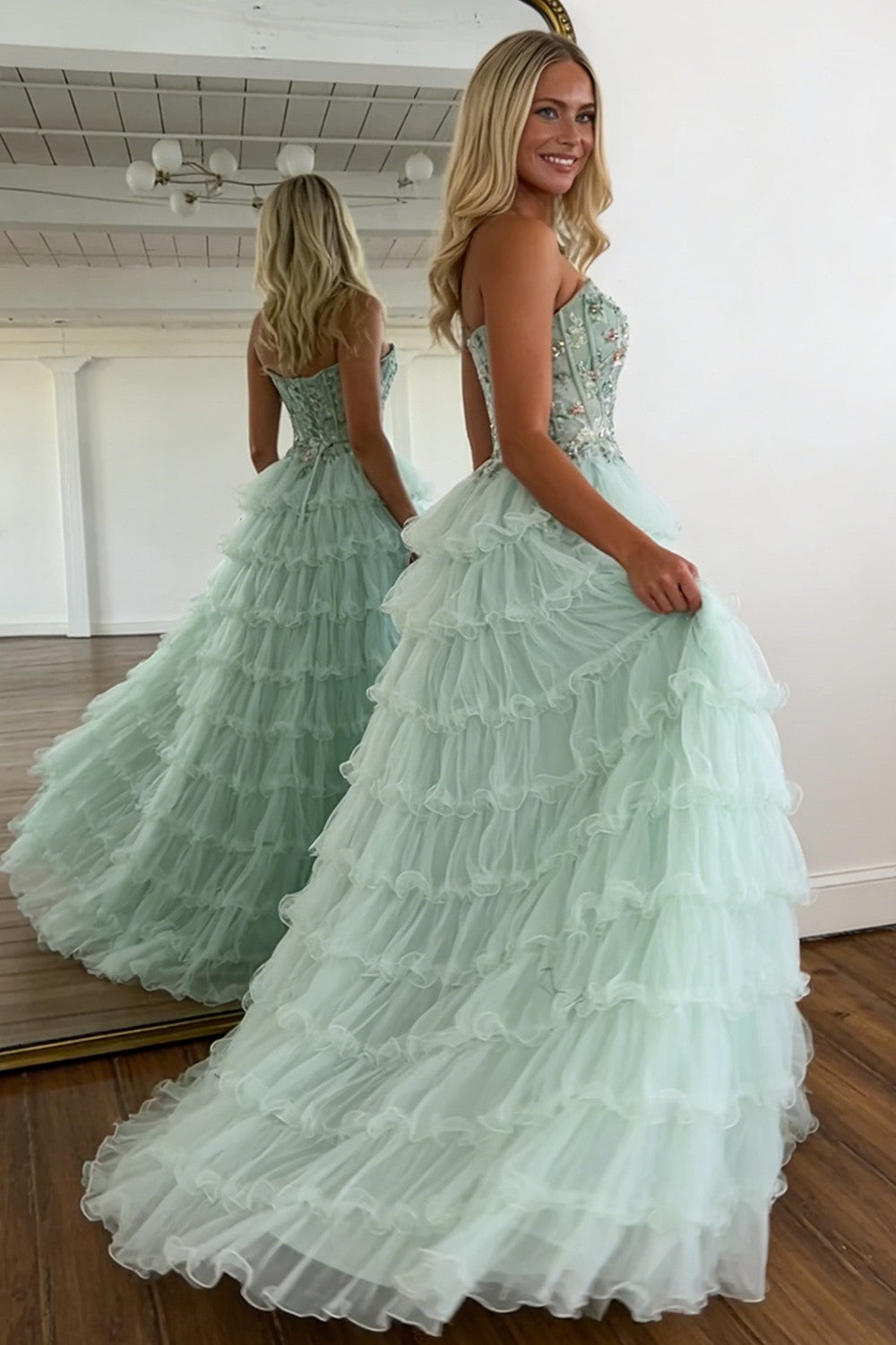 Stunning A Line Sweetheart Mint Green Tiered Tulle Corset Prom Dress with Floral