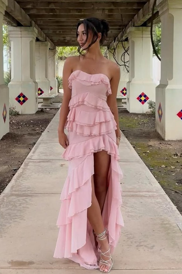 Princess Sheath Sweetheart Pink Long Prom Dress with Ruffles