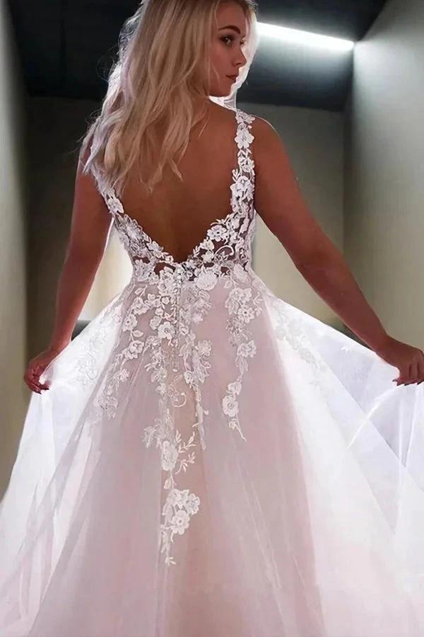 Princess V-Neck Sweep Train Wedding Dresses With Lace Appliques (ZD16115)