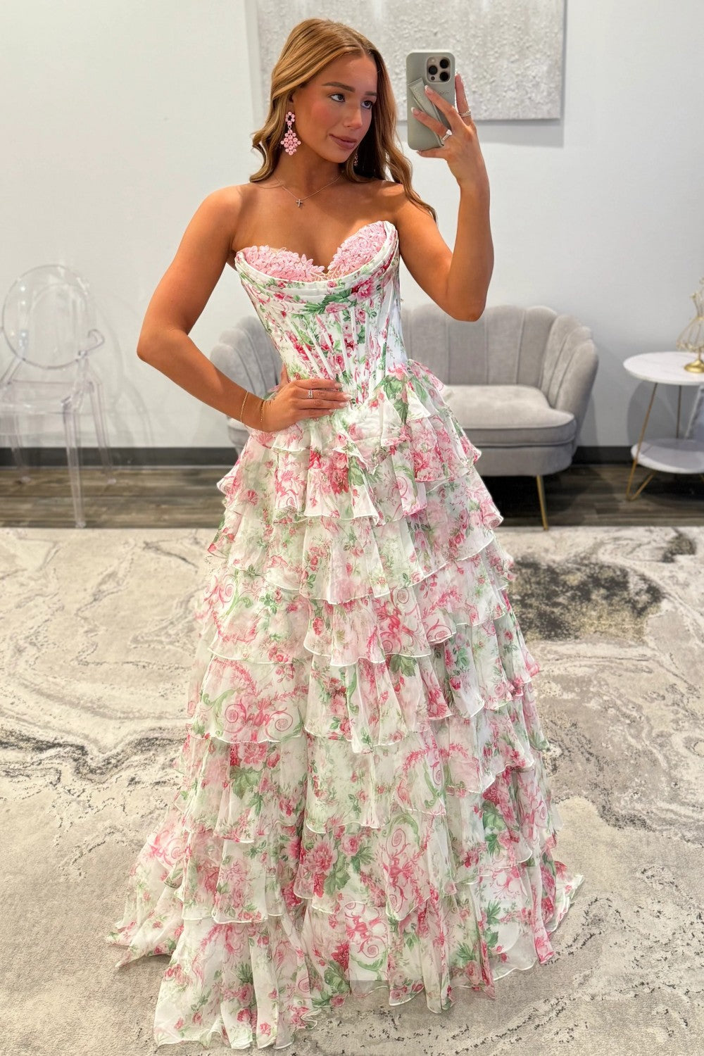 Princess A Line Sweetheart Pink Corset Prom Dress with Ruffles