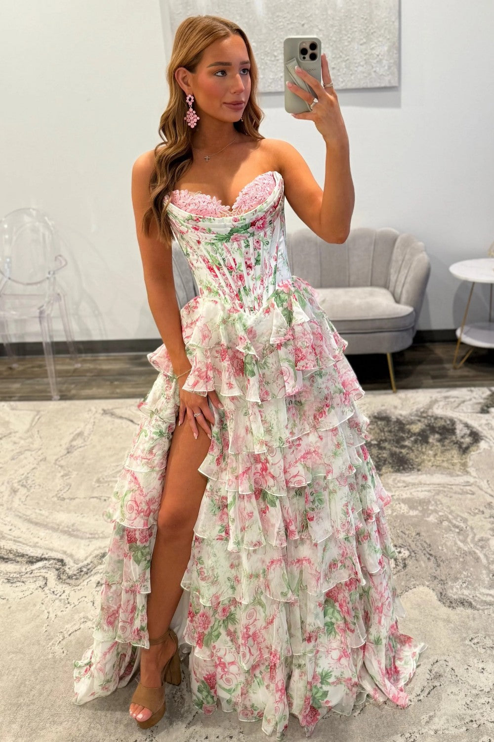 Princess A Line Sweetheart Pink Corset Prom Dress with Ruffles
