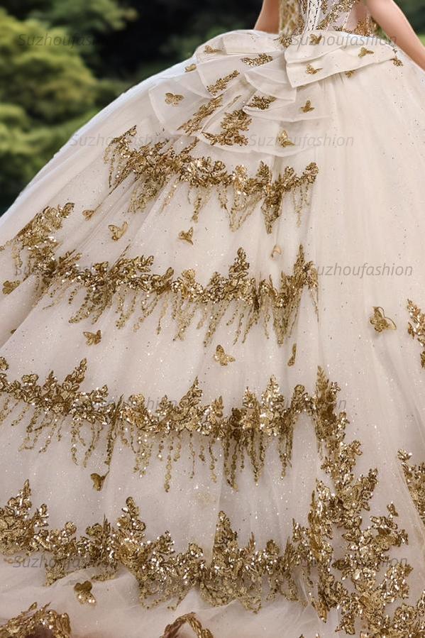 Purely Ball Gown Sweetheart Neck Spaghetti Straps Sleeveless Tiered Beaded Sequins Appliques White Tulle Quinceanera Dress Birthday Party Gown For Sweet 16